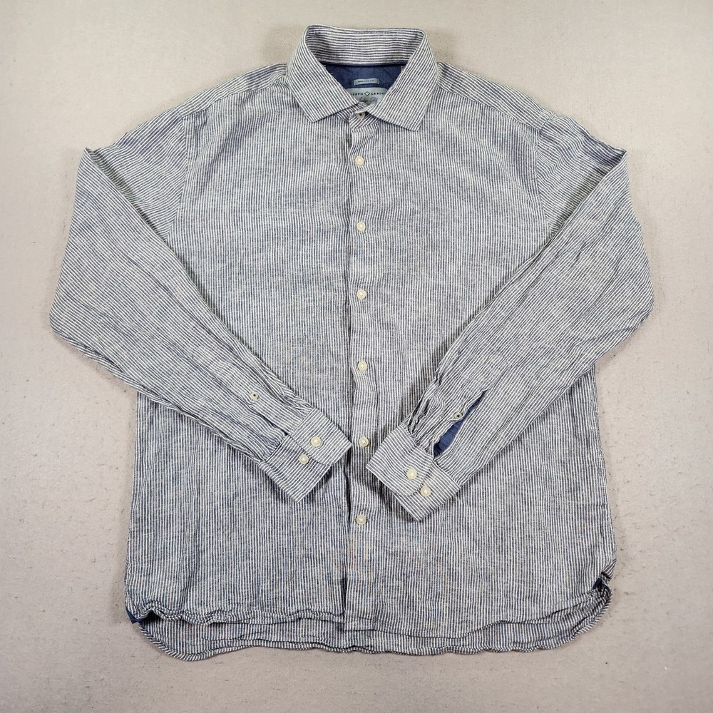 Joseph Abboud Men's Large Modern Fit Striped Linen Button Down Shirt Indigo Blue